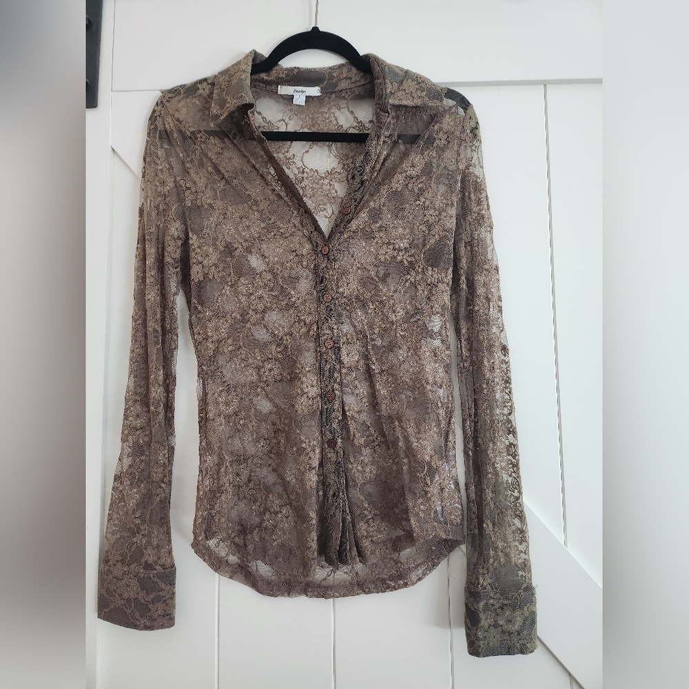 Sheer Lace Button-Up Blouse